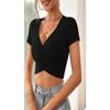 Women Sexy V Neck Slim Fit Cropped Short Sleeve Knit Solid T Shirt
