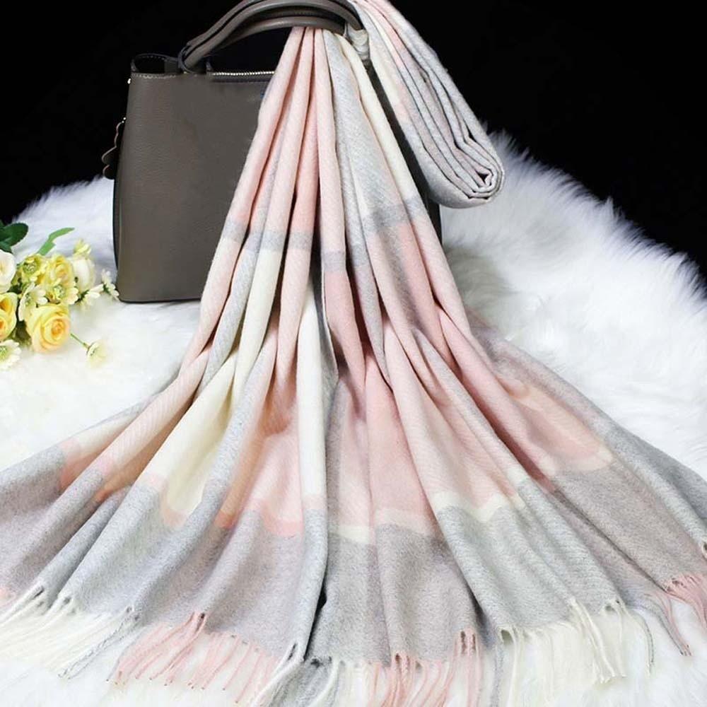 Polyester Knitted Wool Scarf Soft Long Neckscarf with Tassel Soft Classic Plaid Scarf  Women