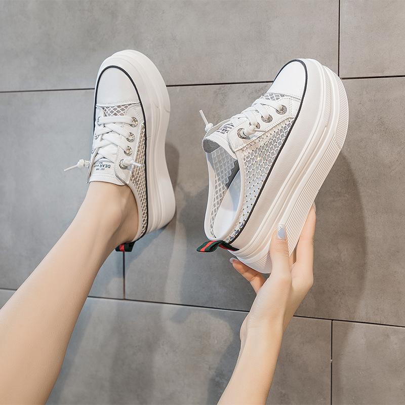 New thick-soled bag head half slippers women's summer outer wear mesh breathable muffin casual little white shoes lazy shoes