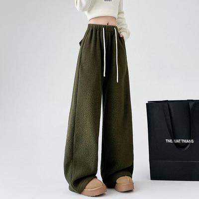 Pantalon chaud en fausse laine d'agneau à jambes larges pour femmes Y2K Hiver Chic Épais Cordon de serrage Joggers Femmes Uni Taille haute Ample Pantalon de survêtement Nouveau