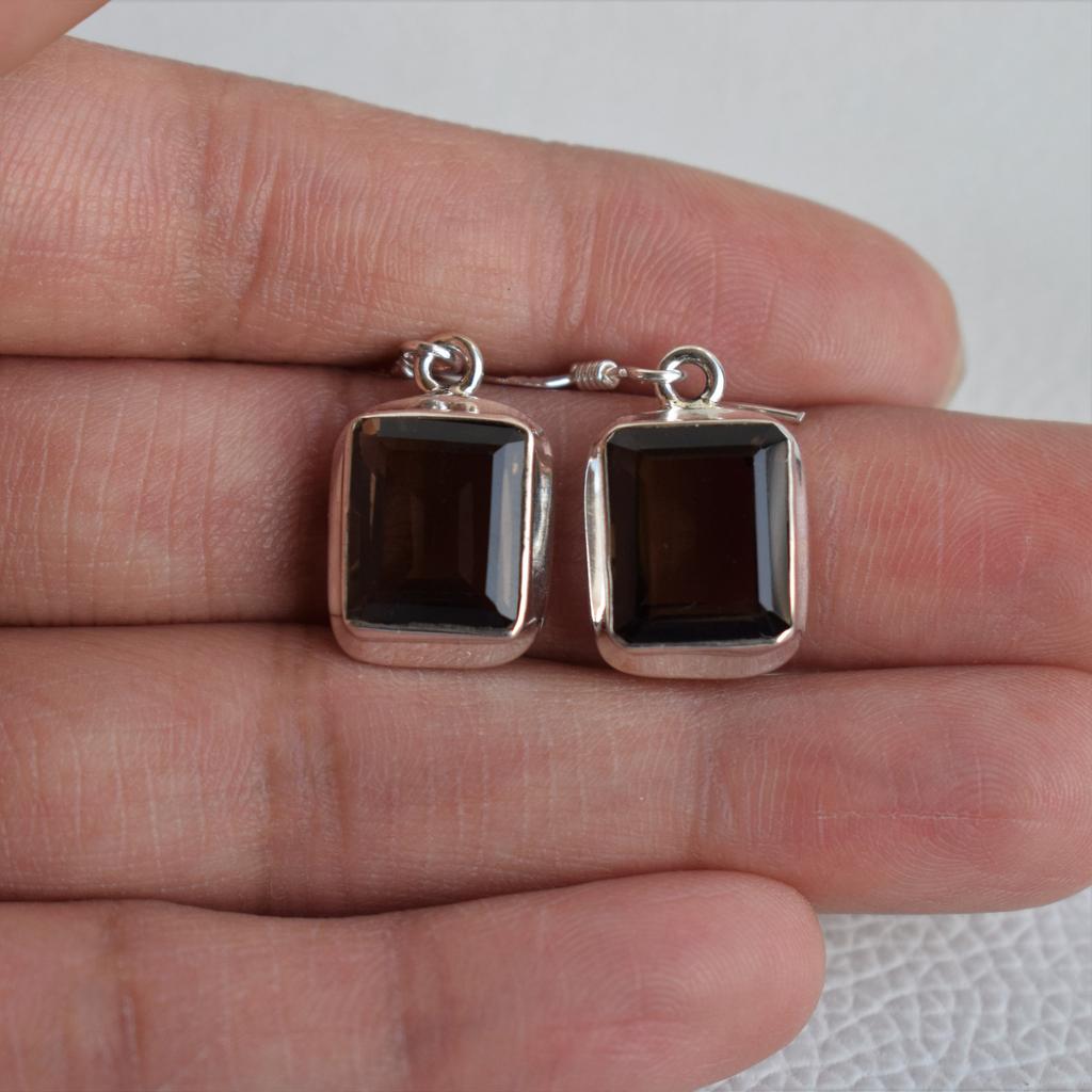 Smoky Topaz Earrings, Baguette 925 Sterling Silver Earring, Capricorn Birthstone