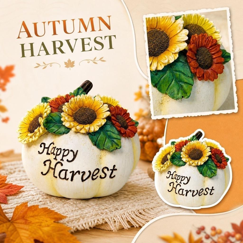 Resin Pumpkin Figurine with Sunflower Embellishment and Happy Harvest Lettering for Home Tabletop Decor Display