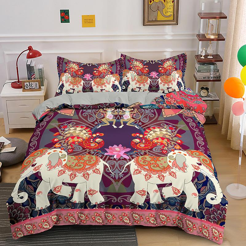 Psychedelic Boho Elephant Bedding Sets Queen King Size 2/3Pcs Duvet Cover Set With Pillowcase Hippie Quilt Covers Bed Linen