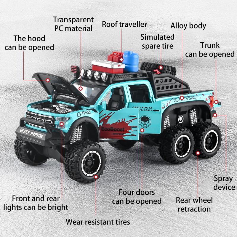 La scară 1/28 Ford Raptor F150 6X6 Pickup Truck Model de mașină de jucărie turnată sub presiune, Vehicul de jucărie cu sunet și lumină pentru copii mici, colecție de cadouri