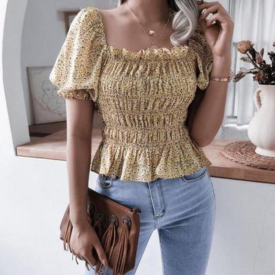 Blusa Chic para Mujer con Estampado Floral Primavera Verano Cuello Cuadrado Manga Corta Abullonada Bajo con Volante Cintura Ajustada Top de Chifón Sencillo S-XL