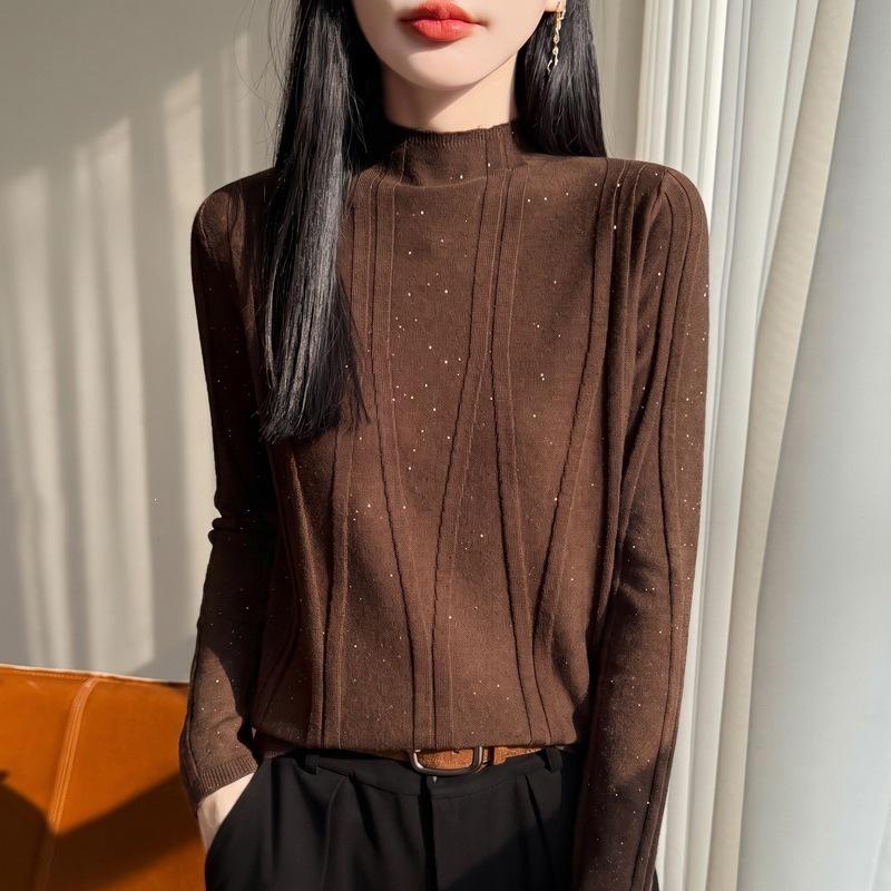 2026 Women's Autumn/Winter Slim-Fit Rhinestone Knit Sweater with Half-High Collar