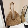 Sommer Stroh Stricktasche Aushöhlen Tragetasche Einfarbig Strand Schultertasche Urlaubsreise Handtasche Boho Schultergeldbörse für Damen