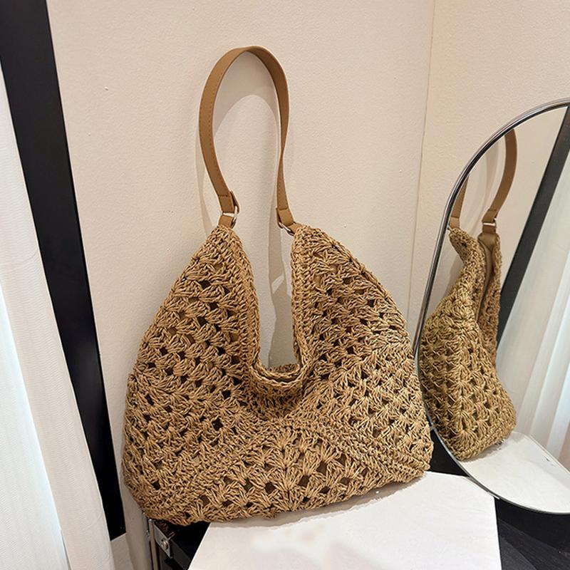 Sommer Stroh Stricktasche Aushöhlen Tragetasche Einfarbig Strand Schultertasche Urlaubsreise Handtasche Boho Schultergeldbörse für Damen