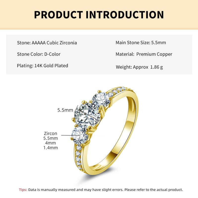 

Rrjzz Классическое 5,5 мм 4 мм Кольцо для помолвки с тремя камнями для женщин 14 карат Позолоченное лабораторный бриллиант CZ Вечное кольцо для свадьбы Нежное ювелирное изделие для невесты 5