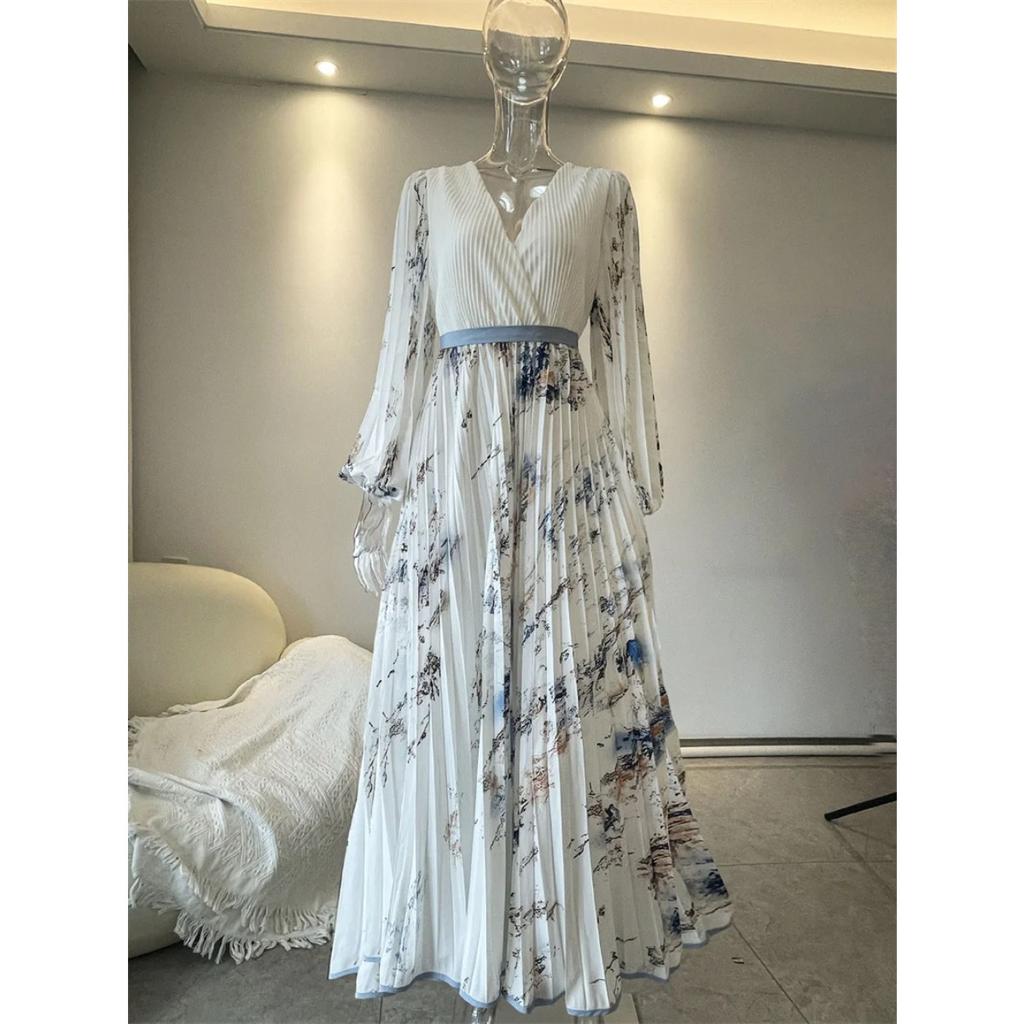 New Spring Summer Ladies Elegant Dress Sexy V-neck Print Long Sleeve Big Swing A-line Holiday Dress Women Maxi Dresses Clothing