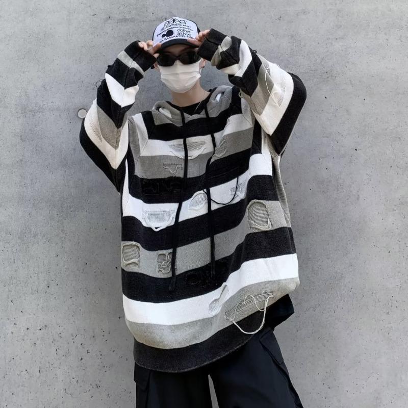 

Осенний новый тренд красивый свитер с капюшоном толстовка мужская американский ретро дизайн дырка полосатый свитер 2XL