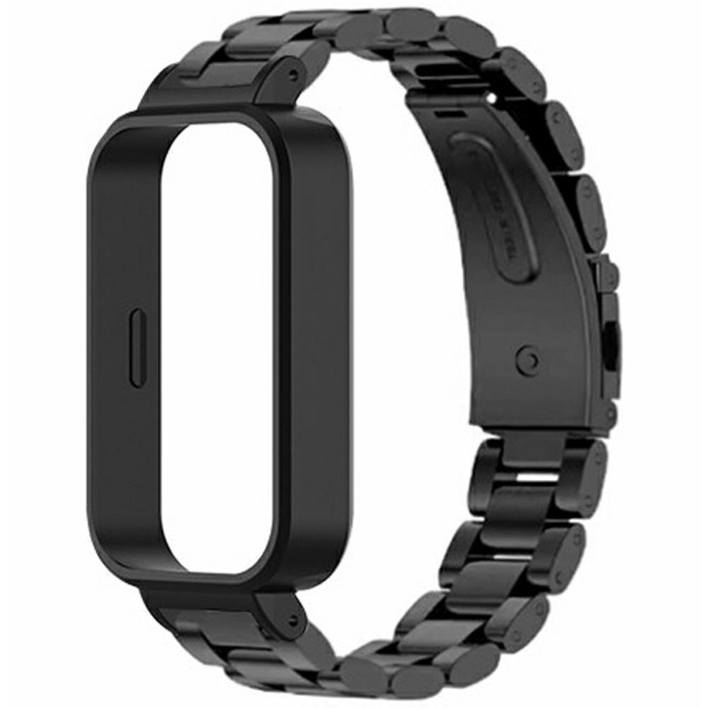 

For Xiaomi Redmi Band 3/Smart Band 9 Active Stainless Steel Watch Strap with PC Case Solid 3 Bead Replacement Band Silver+Transparent