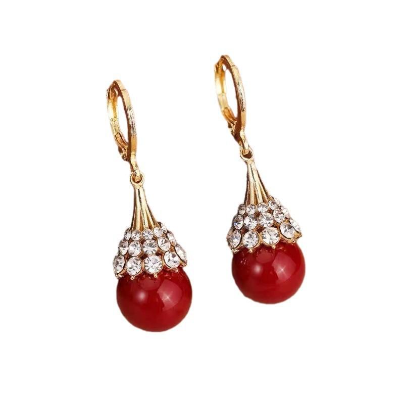Light Luxury High-end Red Pearl Super Flash Ear Hook Fashion Temperament Celebrity Style Earrings Internet Popular Earrings