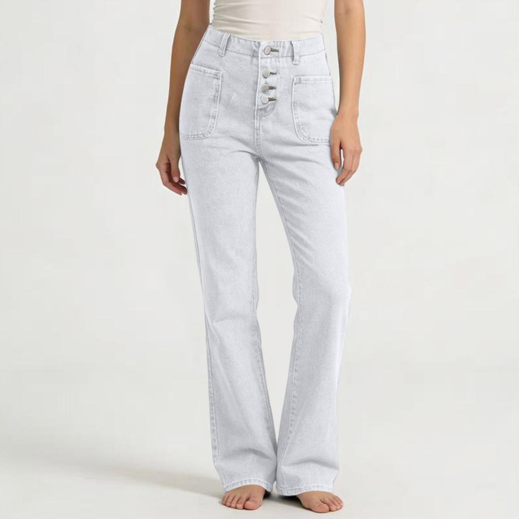 Women's Mid- Stretch Jeans Fashion Straight Leg Denim Pants With Pockets