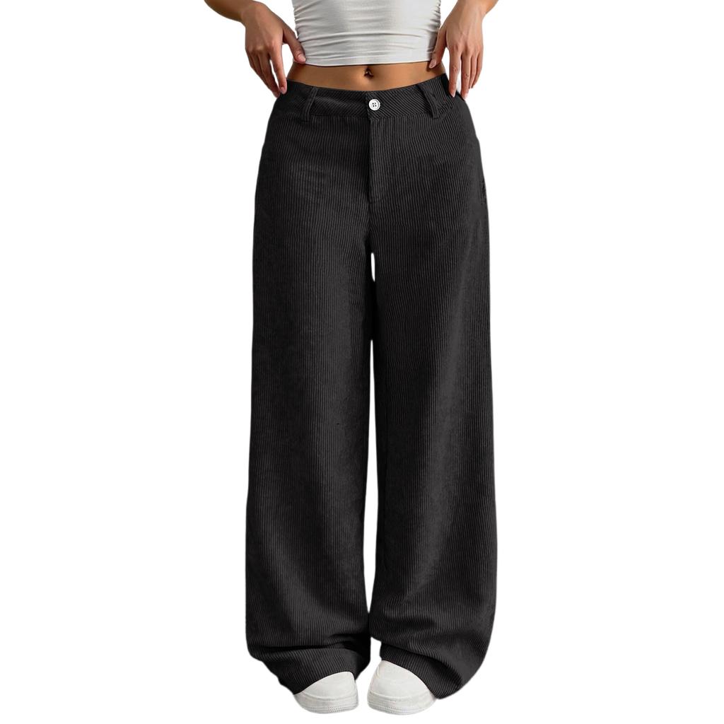 Corduroy Pants For Women Casual Elastic Waist Straight Leg Pants Loose Comfy Trousers With Pockets