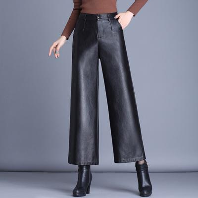 Autumn and Winter PU High Waist Nine Minute Pants and Casual Skinny Wide Leg Leather Pants