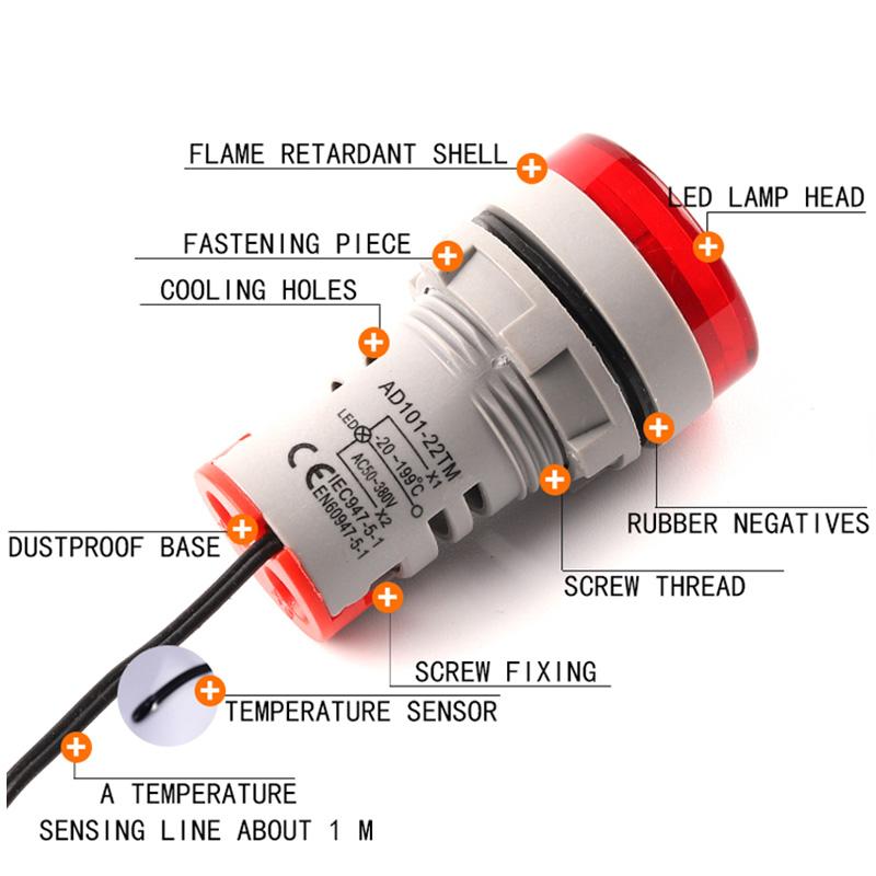 22mm Round Square LED Digital Thermometer Signal Lights Temperature Meter Detector Sensor -20-199 Celsius 50-500V AC