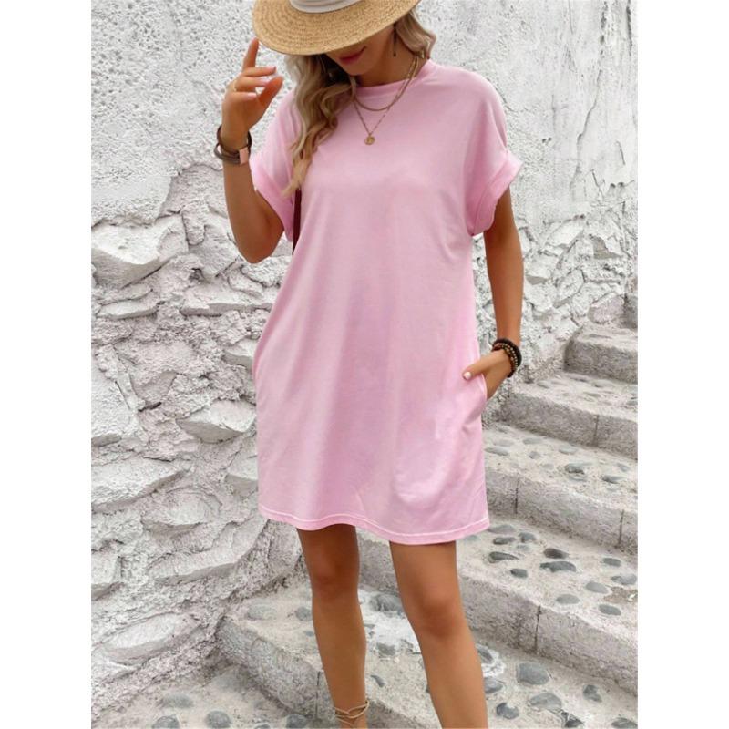 Women Casual Solid Color Round Neck Bat Sleeve Invisible Pocket Loose Short Sleeved Dress