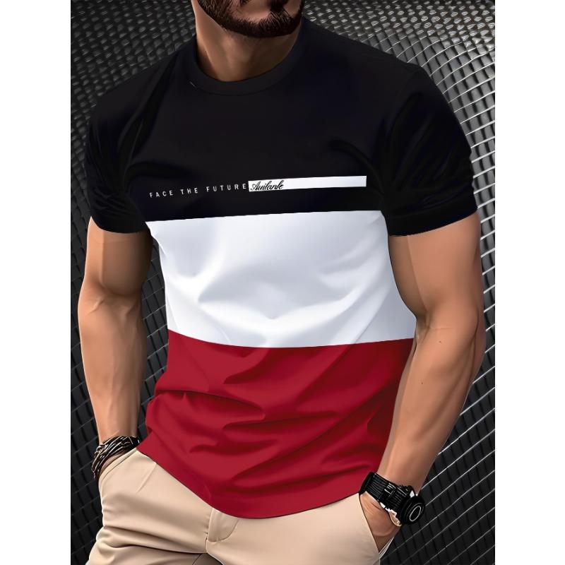 Men's Summer Casual T-Shirt Color Block Stripe Print Fashion Short Sleeve