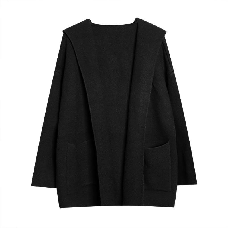 

Женская трикотажная кофта-кардиган с капюшоном, новая осенне-зимняя, высококачественная, средней длины, свободного кроя, в стиле ленивого ветра One size чёрный