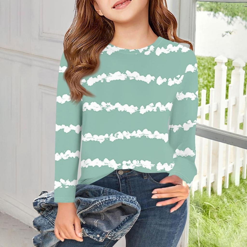 New Loose Round Neck Long Sleeve Tie Dye Striped Style Children T-Shirt Autumn Plus Size Female Fashion Casual Tee Top Clothing