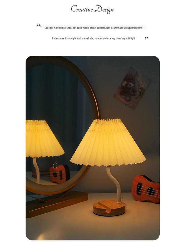Multifunctional Pleated Bedside Table Lamp with Storage & Remote-Control Night Light