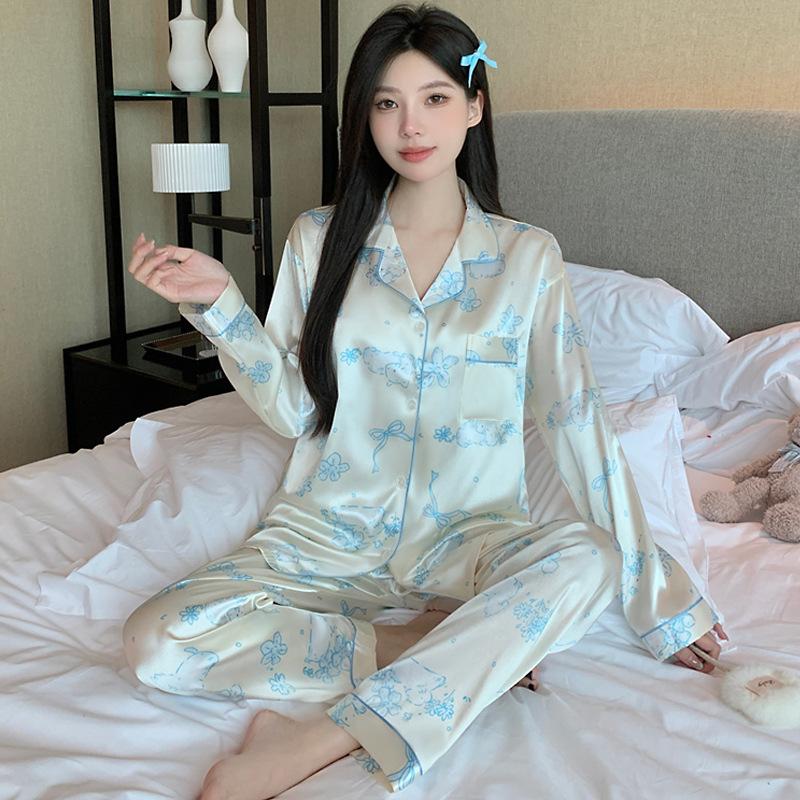 Light Luxury Retro High-End Leopard Print Star Ice Silk Pajamas Women'S Long-Sleeved Trousers Loungewear Set