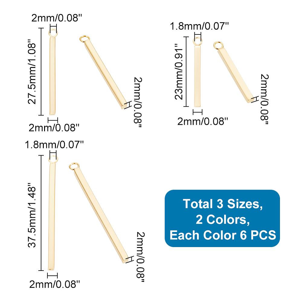 36Pcs 6 Styles 304 Stainless Steel Pendants Bar Charm Mixed Color 23~37.5x2x2mm Hole: 1.8~2mm 6pcs/style