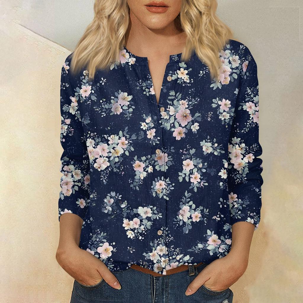 Women's Retro Floral Print Button Down Shirt 3/4 Sleeve Cotton Linen Blouse