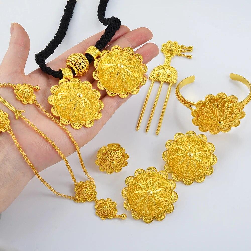 Ethiopian Gold Jewelry Set - 24K Gold Plated Pendant Necklace, Earrings, Bangle & Ring, Habesha Eritrean Style