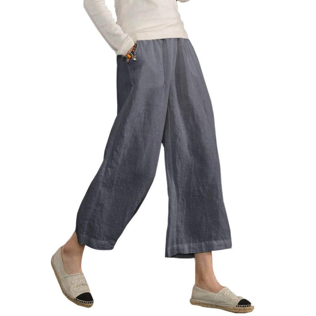 2026 New Women's Linen Cotton Wide Leg Pants, Elastic Waist Cropped Culottes for Spring Summer Casual Wear