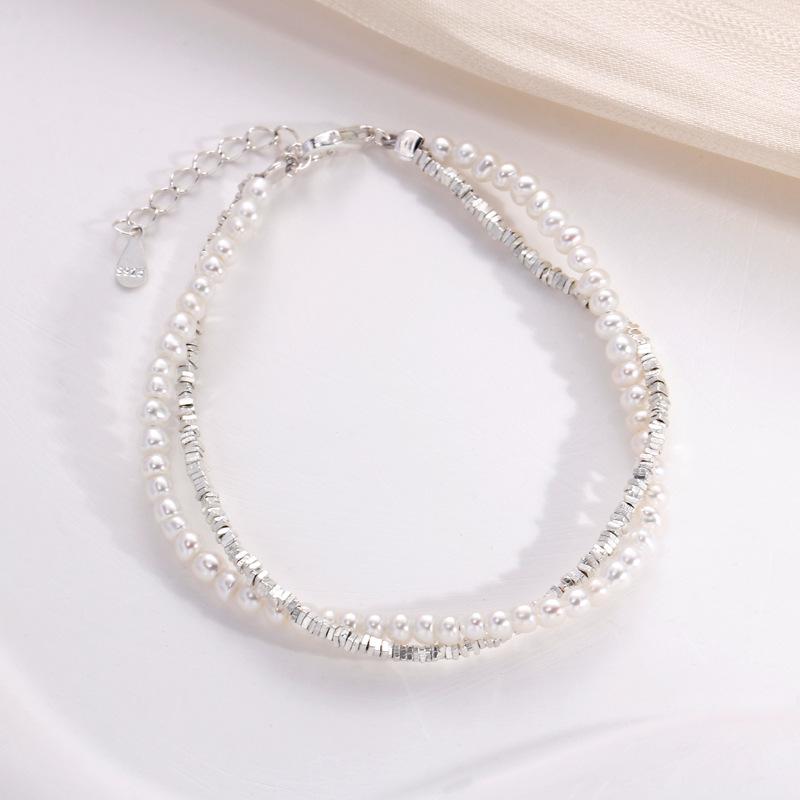 Double Layer Pearl Crushed Silver Bracelet – Women’s 925 Sterling Silver, Light Luxury, Retro Niche Design, Ins Beaded Woven Hand Jewelry. 925 Sterling Silver