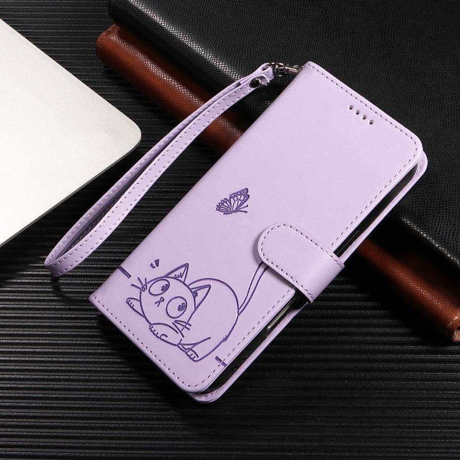 IPhone/Samsung/Xiaomi Redmi 3 için Bileklikli Sevimli Kabartmalı Kedi ve Kelebek Cüzdan Kılıf Kart Yuvaları ve Nakit Cebi Destek Ayaklı Telefon Kılıfı