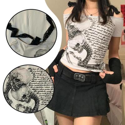 TrendHub Women Clothing Arcane Retro Stitch Skull Print Short-sleeved T-shirt Female Subculture Y2k Slim Lace-up Top Gothic Shoulder Tees