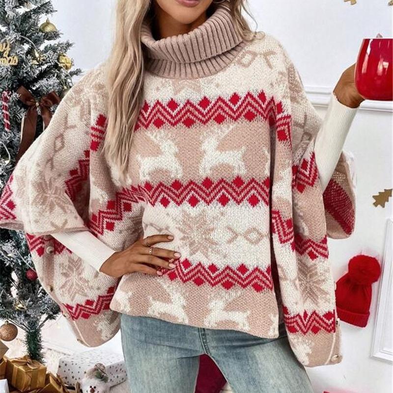 Women'S Christmas Oversized Sweater Novelty Autumn Winter Turtleneck Bat Sleeved Knit Pullover Festival Women Clothing