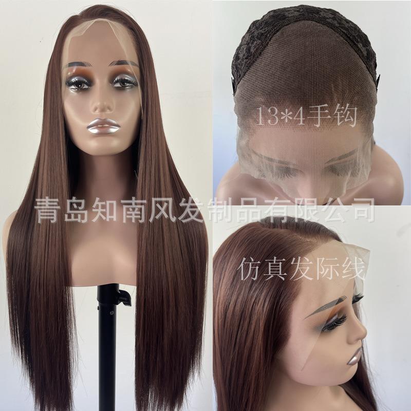 Schwarzes Haarteil Handgehäkelt Stirnspitze 13X4 Hochtemperaturseide Langes Gerades Haar Latisha Vollhaarabdeckung Damen