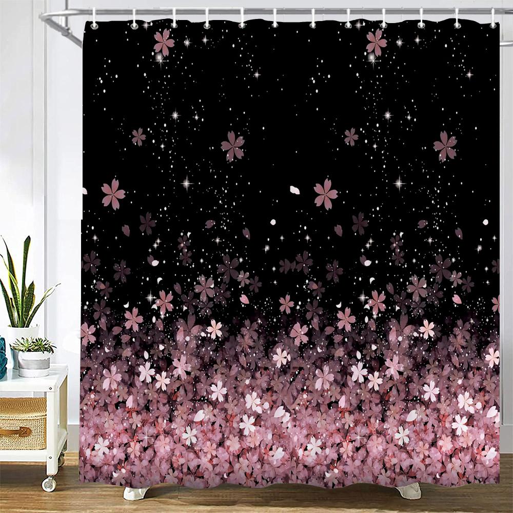 1 Pcs Shower Curtain Flowers Plants Black Printed Bathroom Curtain Polyester Cloth Waterproof Home Decoration Curtain with Hook