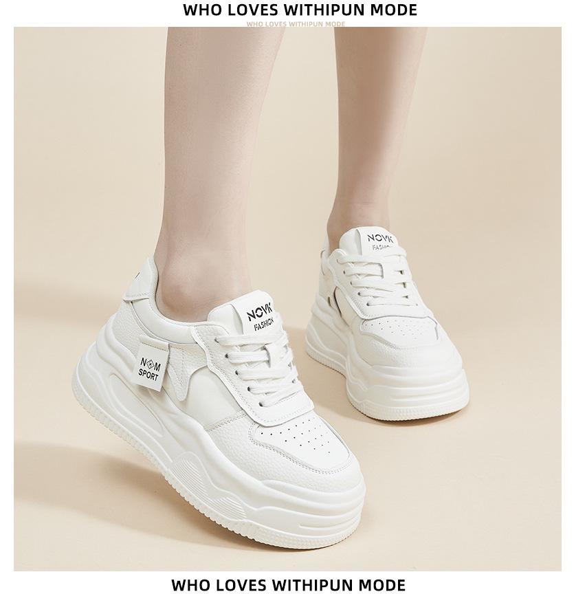 2024 Women's White Genuine Leather Height-Increasing Round Toe Casual Sneakers