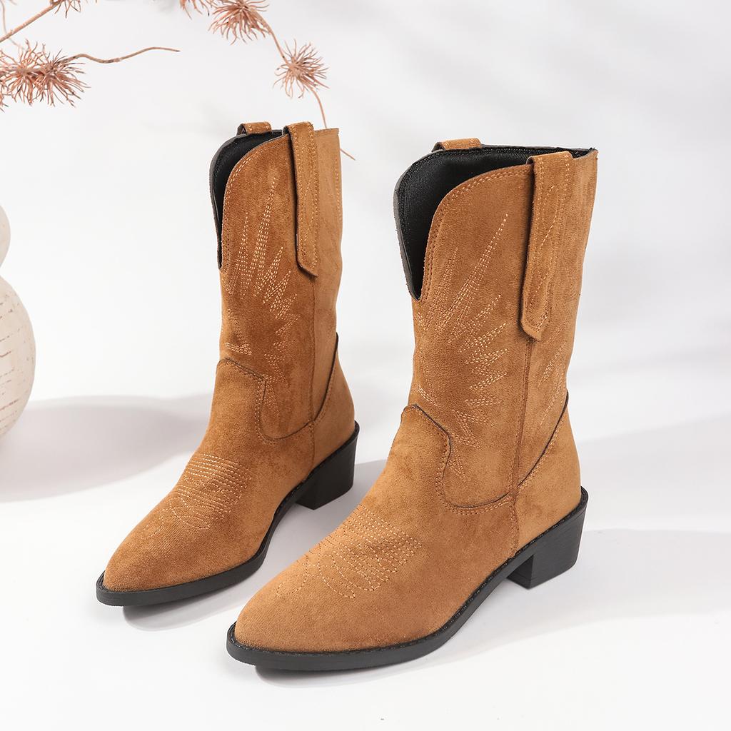 Plus Size 35-43 Cowboy Boots Embroidered Retro Western Boots Women's New Autumn/Winter Coarse Heel Middle Sleeve Knight Boots