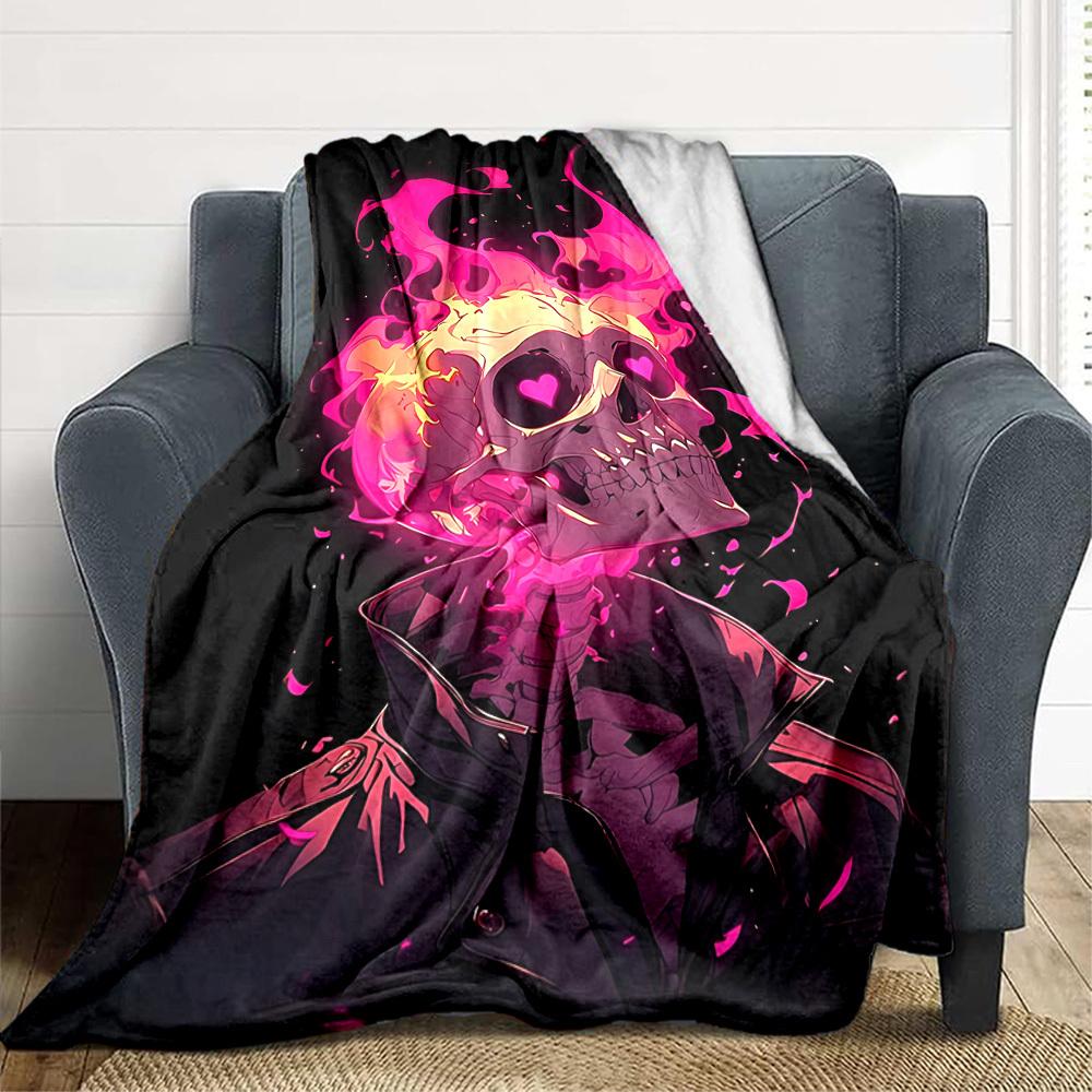 1pc Skull Flames Blanket Lightweight Flannel Blanket Throw Blanket For Sofa, Bed, Travel, Camping, Livingroom, Couch, Chair, And Bed Yy2509026161