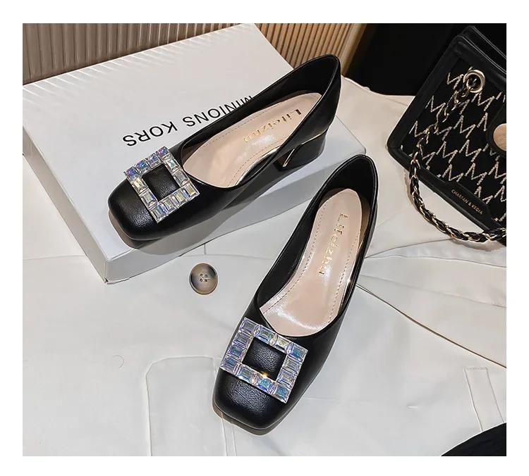 Women Shoes Square Crystal Pumps Girl Leather High Heels Shoes OL Casual Dress Shoes 35-43