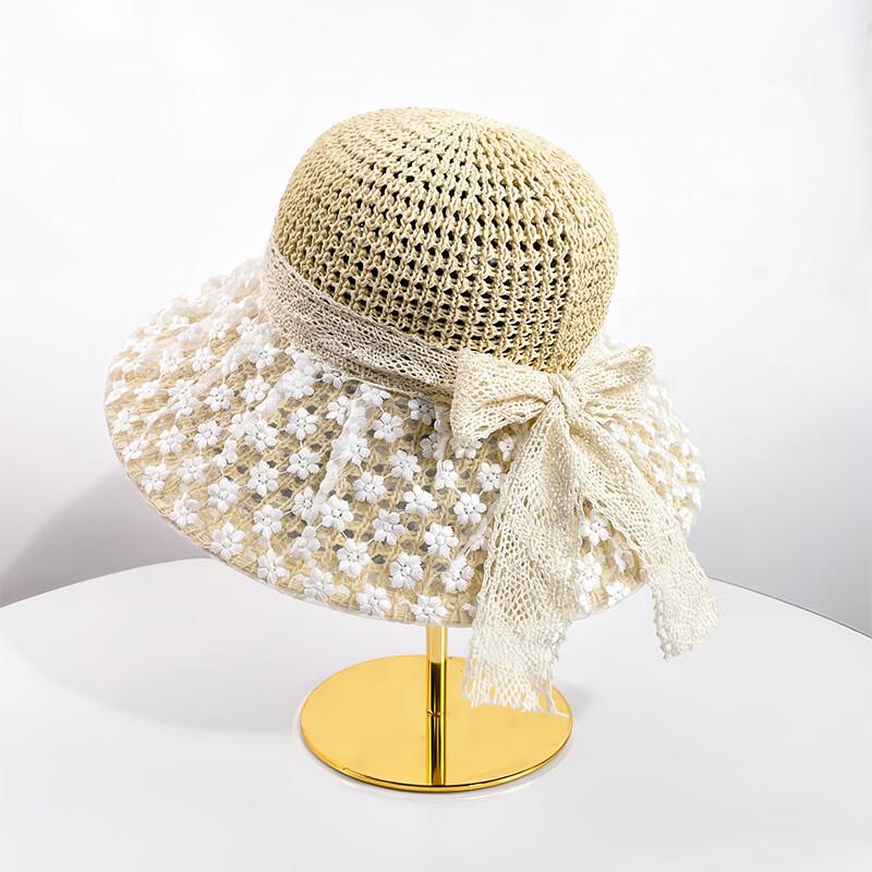 Three Dolphins Women's Hepburn Style Lace Tie Straw Sun Hat