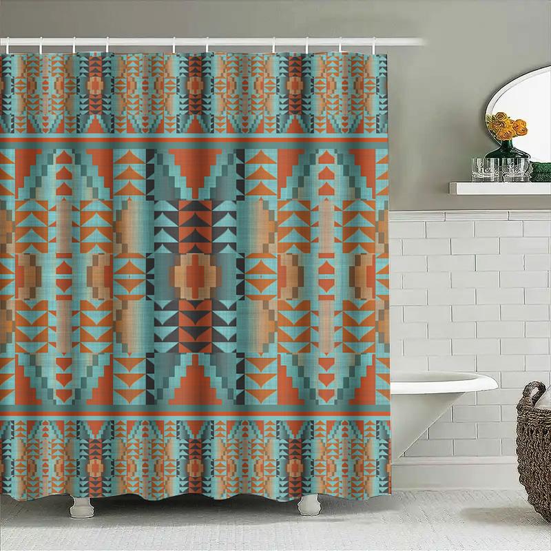 Abstract Geometric Print Shower Curtain: Vivid Blue Orange Red Decorative Fabric Waterproof Bathroom Accessories 72X84 Inch (Set