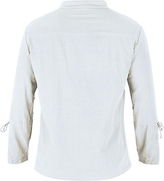 Men's 2023 Cotton Linen Long Sleeve Henley Shirt - Stand Collar, Casual Beach Style, European Size.