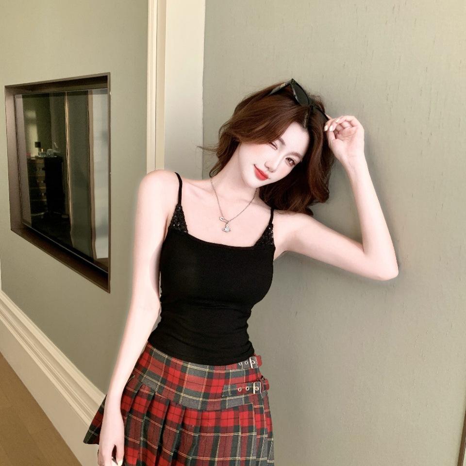 #Summer new Spice Girl style sequined splicing sling vest slim and thin women's fixed chest pad top