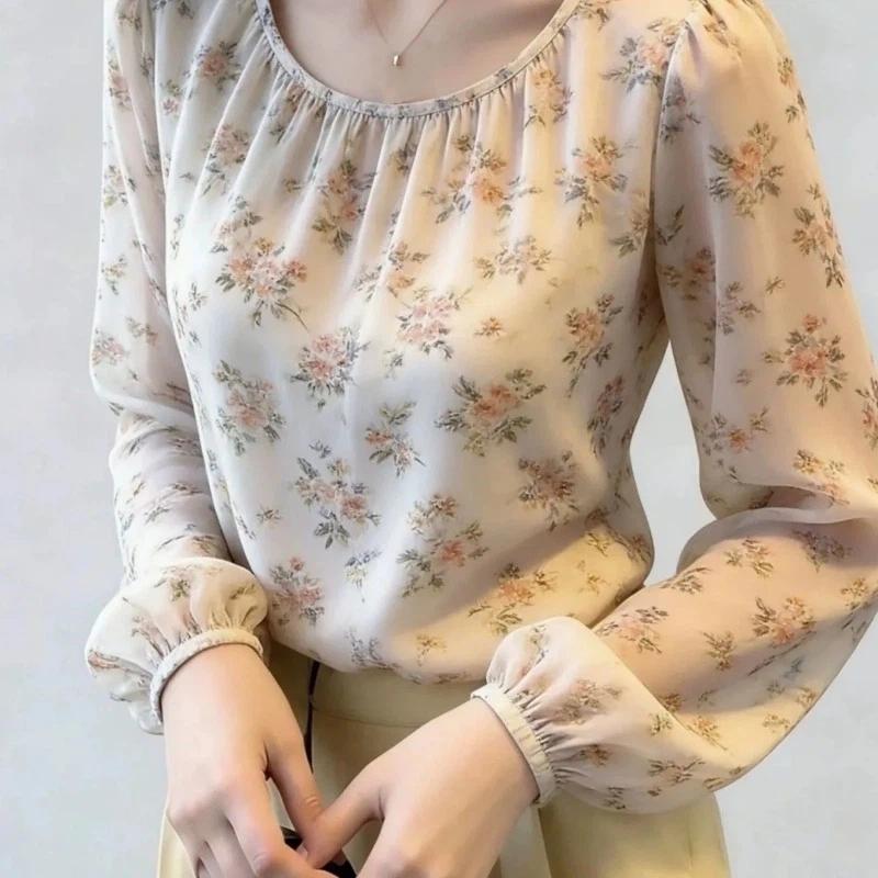 Women Floral Print Round Neck Long Sleeve Chiffon Blouse M