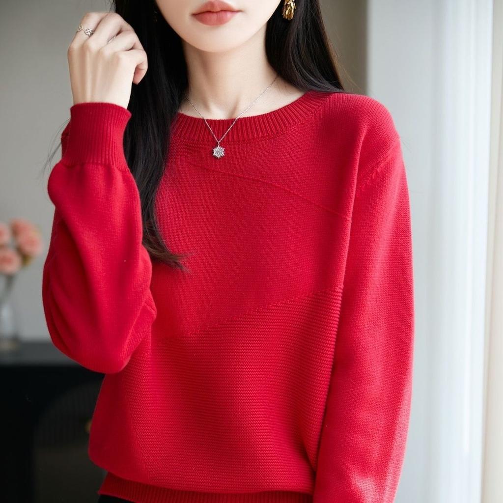 Round Neck Knitted Sweater Top Long Sleeved Sweater for Women Autumn and Winter Middle-aged Mother Loose Knit