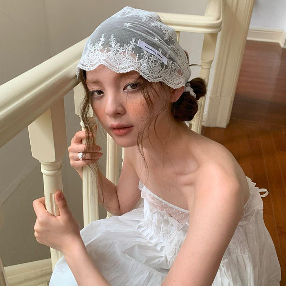 Flower Embroidery Lace Hair Scarf Bowknot Triangle Headband Elegant Triangle Bandana Travel