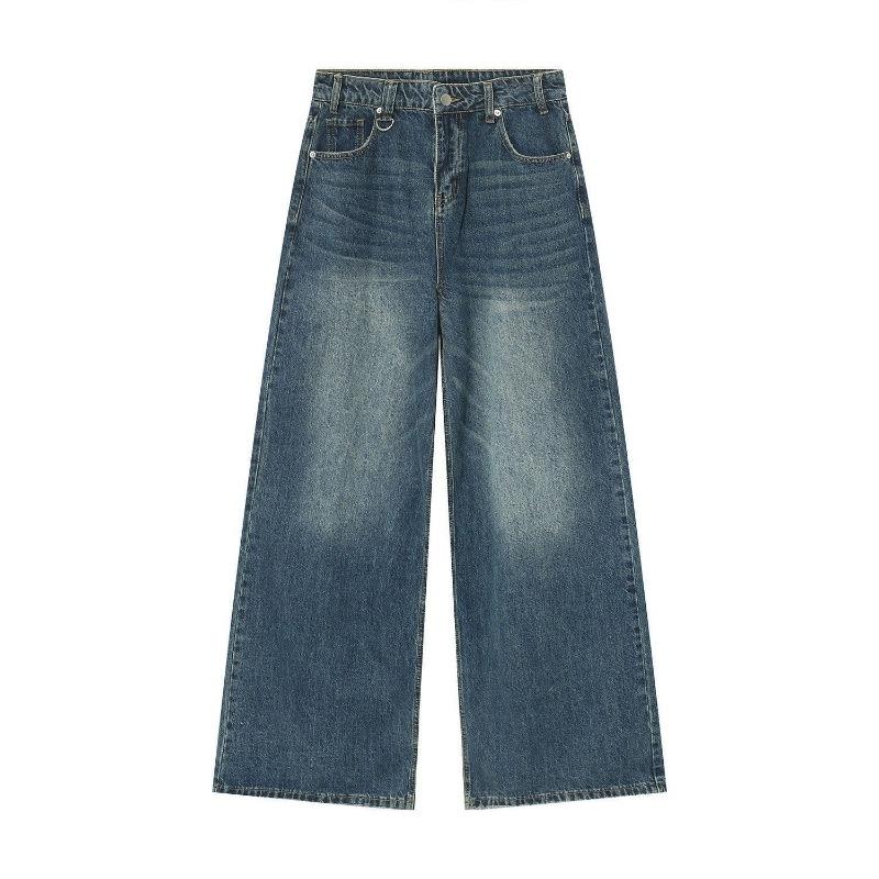 Women's Vintage Washed Black Wide Leg Jeans High Waist Loose Fit Straight Denim Trousers