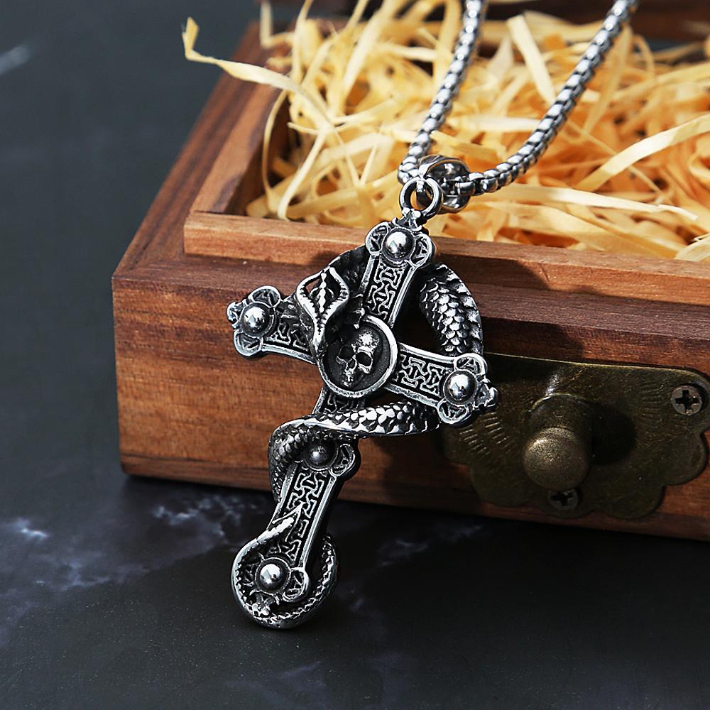 Vintage Dragon Skull Cross Pendant Necklace For Men Boys Punk Stainless Steel Chain Necklace Gothic Jewelry Party Gift